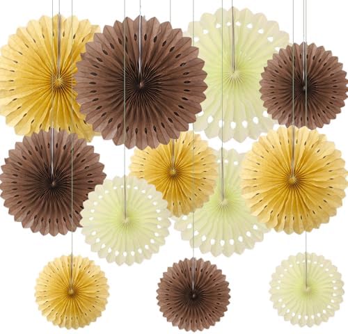 12PCS Brown Neutral Cream Paper Fans Decorations,Hanging Ceiling Honeycomb Round Tissue Paper Fans for Bridal Shower Rustic Boho Birthday Wedding Home Decor Party Decoration by CC+wonderland+zone