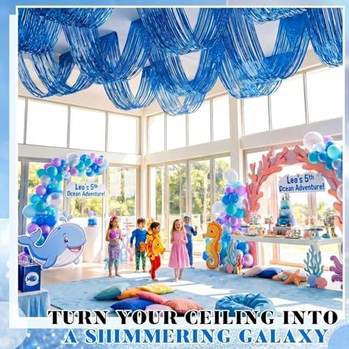 Breling 4 Pcs Blue Ceiling Fringe Curtains, Metallic Foil Drapes, 15 ft - Image 6