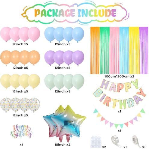 Jobkoo Pastel Birthday Decorations for Girls, Macaron Rainbow Pastel Color Balloons Reusable Happy Birthday Banner Sign Fringe Curtain Backdrop Cake Toppers for Kid Spring Baby Shower Party Decoration - Image 2