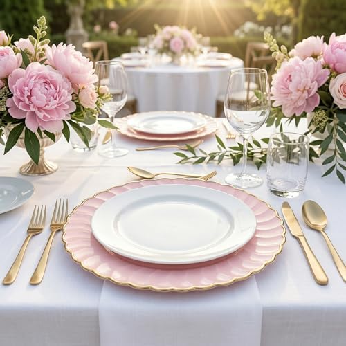 13 Inch Pink Scalloped Charger Plates with Gold Rim (Set of 6), Round Wave Plastic Serving Plates for Weddings, Bridal Showers, Birthday Parties, Catering & Table Decorations - Image 2