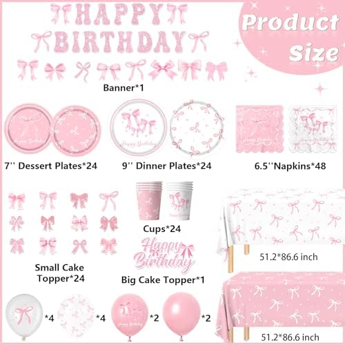 Pink Bow Birthday Party Supplies Serve 24, Coquette Birthday Decorations Include Bow Plates Napkins Cups Banner Tablecloth Cake Topper Balloons Bow Theme Tableware for Girls Bachelorette Decor - Image 2