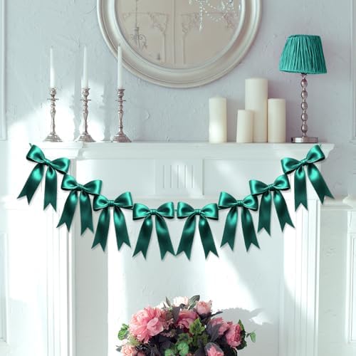2 Strings of 16PCS Dark Green Bow Garlands Banner Decoration,Pre-Strung Satin Ribbon Ornaments for Birthday,Bachelorette Party,Bridal Shower,Wedding,Engagement,Baby Shower,Graduation Decor,Anniversary - Image 7