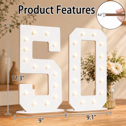 Pooqla 50th Birthday Decorations, 17.3 in White Wooden Light Up Numbers - Image 4