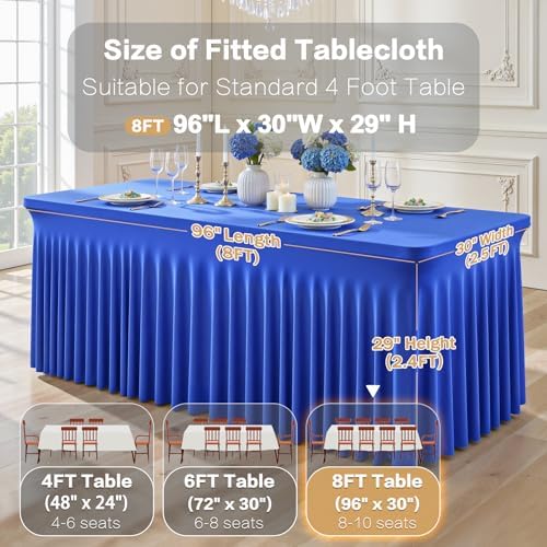 Shillance 2 Packs Royal Blue Tableclothes for 8 Foot Rectangle Table, Wrinkle Free Spandex Tablecovers 8FT Stretch Fitted Table Cloth with Skirt for Birthday Parties Graduations Event Wedding Banquet - Image 3