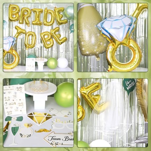 Sage Green Bachelorette Party Decorations, Bride To Be Decorations include Bride To Be Sash Veil Crown Tattoo Stickers Photo Props Fringe Curtain for Bachelorette Engagement Bridal Shower Decorations - Image 3