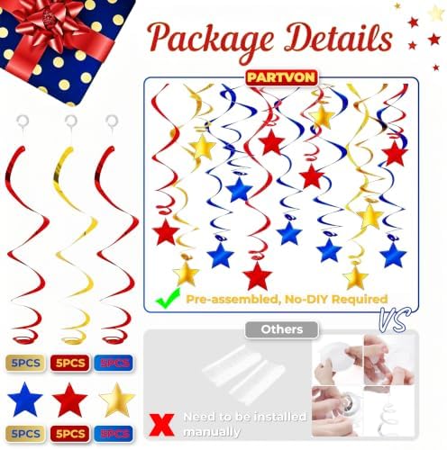 30 Pcs Red Blue Gold Hanging Swirl Decorations Foil Ceiling Streamers - Image 4
