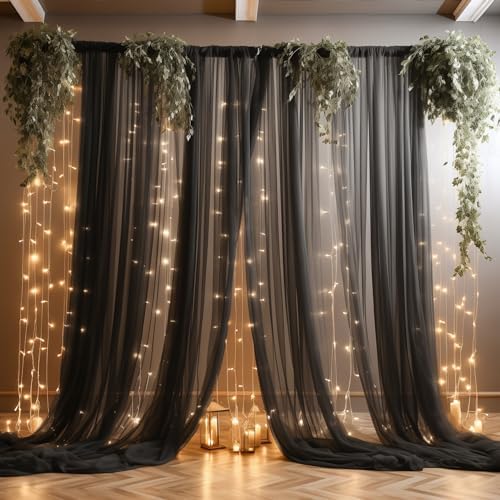 20ft x 10ft Black Backdrop Curtain with Lights String for Parties, Sheer Tulle Wedding Photo Backdrops Drapes for Baby Shower Birthday Party Decorations Background for Photography - Image 5