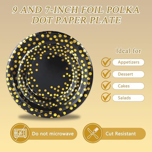 150 Pcs Black and Gold Paper Plates Party Supplies,Serves 50 Guests 7" 9" Black Gold Plates and Gold Plastic Forks,Disposable Paper Tableware Set for Graduation Retirement Decorations - Image 3