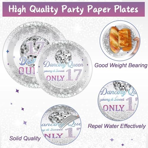 CHUNNIN 96Pcs Dancing Queen Plates and Napkins for 17 Birthday Party Decorations for Girls Silver 17 Year Old Dessert Plates Dancing Queen Tableware Set for 24 Guests 17 Birthday Party Supplies - Image 3