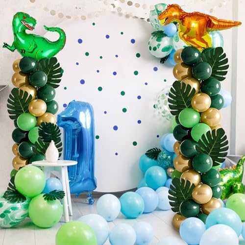 2 Sets Dinosaur Balloon Column Stand Kits Adjustable Green Gold Balloons Column Kit with Monstera Jungle Dinosaur Themed Tower Stand Kit for Dinosaurs Birthday Kids Baby Shower Party Supplies - Image 6