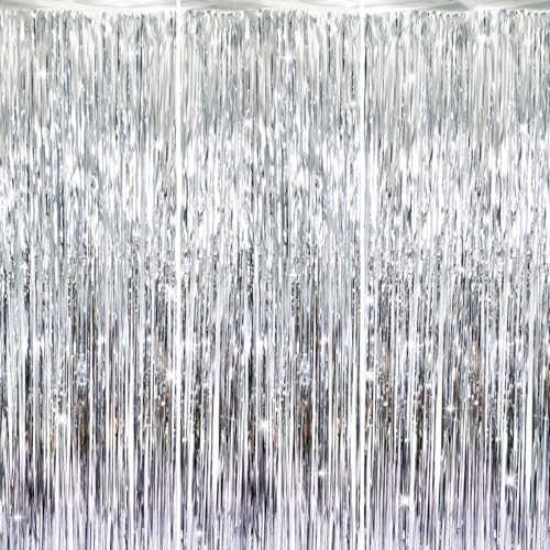 GOER 3.2 ft x 8.2 ft Metallic Tinsel Foil Fringe Curtains Party Photo Backdrop Party Streamers for Birthday,Graduation,New Year Eve Decorations Wedding Decor (Silver,3 pcs) by GOER