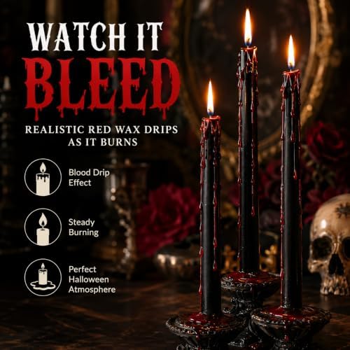 12 Pack 10 Inch Black Taper Candles, Vampire Blood Drip Halloween - Image 2