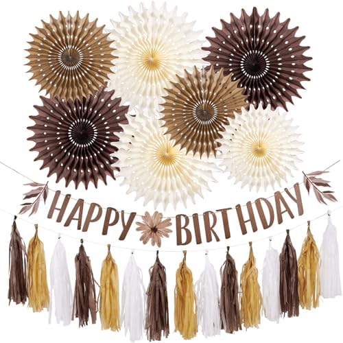 Brown Birthday Party Decorations for Women Neutral Boho Happy Banner Banner Brown Cream Honeycomb Paper Fans Hanging Tassel Garland Rustic Wedding Baby Shower Western Cowboy Party Supplies by SUNBEAUTY