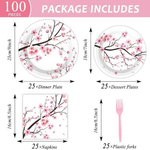 Qyeahkj 100 PCS Cherry Blossom Party Supplies Set Cherry Blossom Plates and Napkins Japanese Disposable Paper Party Tableware Forks Packs Decorations for Hibachi Spring Birthday Decoration Serve 25 - Image 2