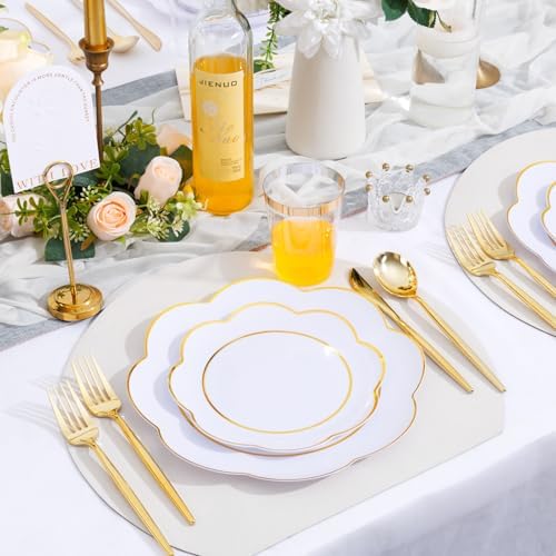 ejonirinjonir 180pcs Double Gold Trim White Plastic Plates for Wedding Gala - Image 6