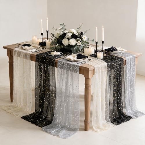 Artoid Mode 6PC Beige Black White Gauze Table Runner 120 Inch 10FT, Glitter Metallic Foil Sheer for Wedding Anniversary Holiday Birthday Home Party Decor by ArtoidMode