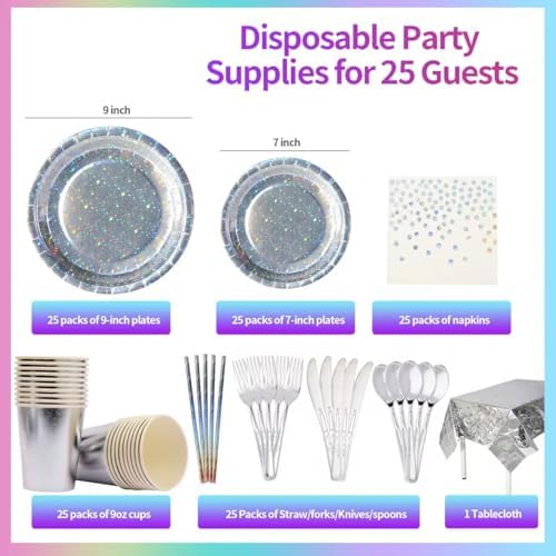 201-piece disposable party tableware set with paper plates, cups, napkins, straws, tablecloths, plastic knives, forks and spoons for a variety of party occasions for up to 25 people (Silver Star) - Image 2
