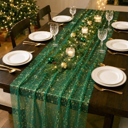 4Pcs Green Gold Table Runner, 29 x 72 in Sheer Gauze Table Decor - Image 3