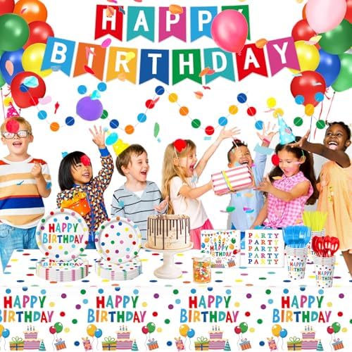 Happy Birthday Decorations - Colorful Dots Birthday Party Supplies Includes Plates, Napkins, Cups, Cutlery, Banner, Hanging Swirl, Tablecloth, Balloons for Birthday Decorations, Serves 24 - Image 7