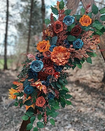 FACINOC Roses Artificial Flowers Teal Orange Bouquet Fall Fake Flower Combo - Image 5