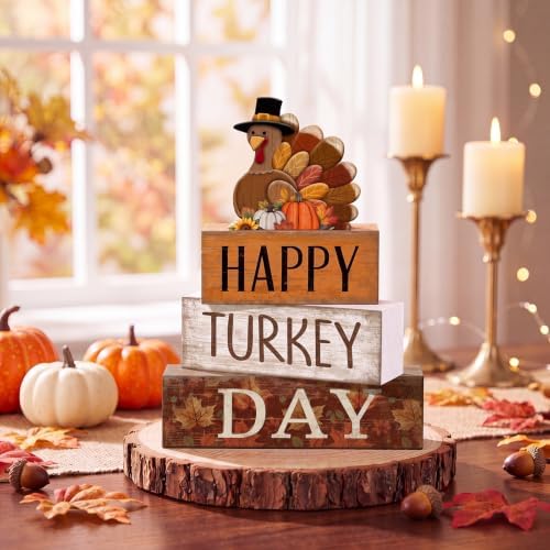 Moucuny 4 Pcs Fall Table Decor Wooden Signs Happy Turkey Day Blocks - Image 2