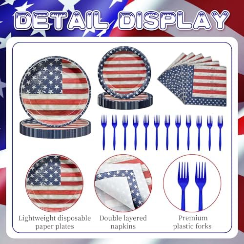 96 Pieces 4th of July Plates and Napkins Set, Vintage American Flag Disposable Tableware with Paper Plates Napkins and Forks for BBQ Picnic Party, Serves 24 - Image 3