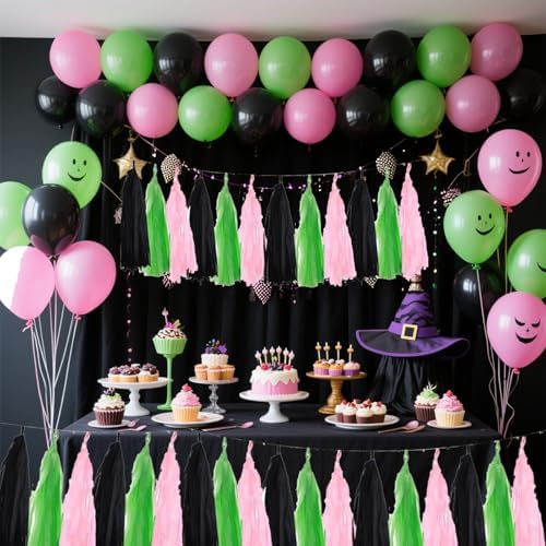 Black Pink and Green Tissue Paper Tassels Party Tassel Garland Banner for Green Pink Party Decorations, DIY Kits,15PCS - Image 2