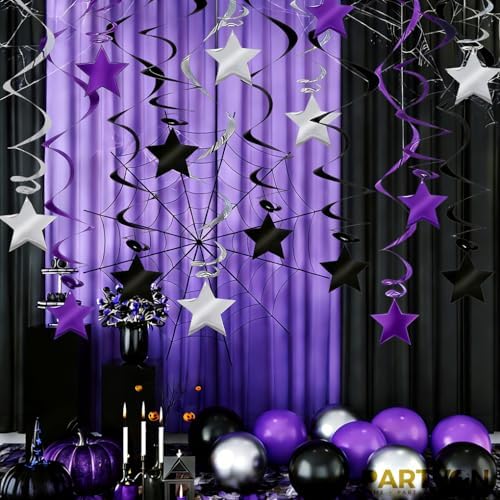 Purple Black Silver Hanging Swirl Decorations - 30 Pcs Metallic Ceiling Swirls with Foil Stars, Plastic Streamers for Graduation, Halloween, Birthday, Wedding, Baby Shower Party Supplies - Image 5