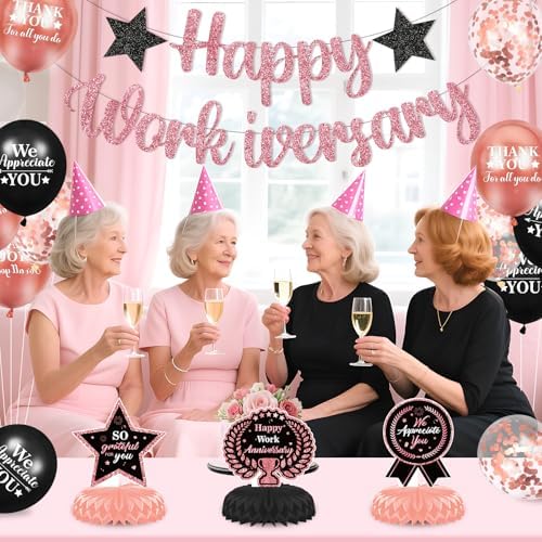 Happy Work Anniversary Decorations for Men Women Black Rose Gold Happy Workiversary Banner Honeycomb Centerpieces Balloons Decor for Office Employee Worker Anniversary Appreciation Supplies - Image 7