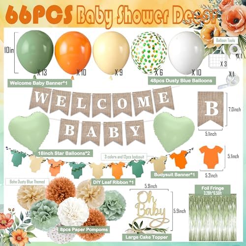 Orange Green Baby Shower Decorations-Welcome Banner Sage Green Sand White Confetti Balloon 'Oh-Baby' Cake Topper Fringe Curtains Paper Pom Poms for Boho Neutral Little Cutie Baby Shower Fall Party - Image 2