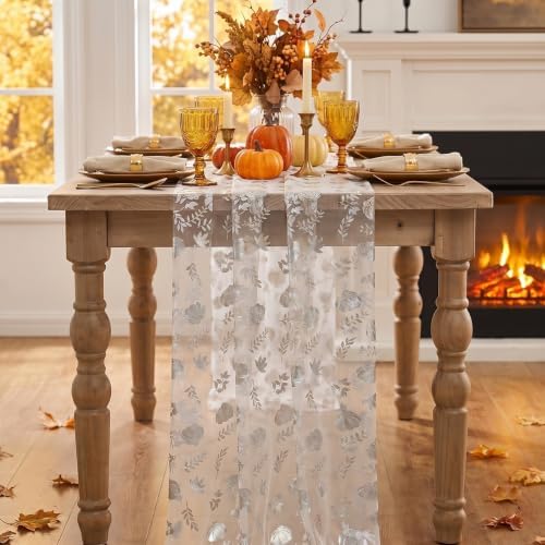 Artoid Mode Fall Gauze Table Runner 120 Inch, Metallic Foil Leaves - Image 2