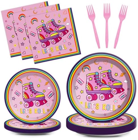 Qyeahkj 100 Pcs Roller Skating Party Plates and Napkins Set Pink Roller Skate Birthday Decorations Supplies Tableware Roll Skating Themed Party Favors for Girls Birthday Decorations Serves 25 by Qyeahkj