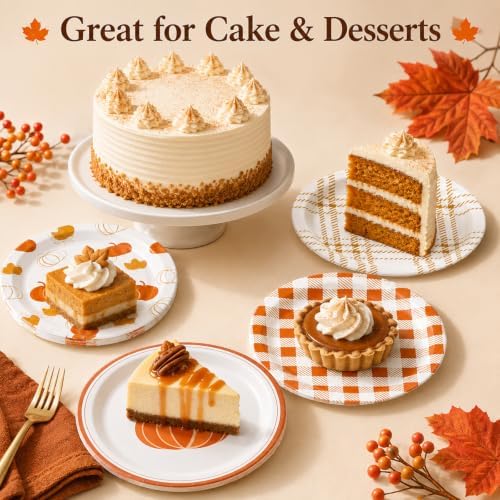 48 PCS Fall Paper Plates 7 inch, Pumpkin Orange Gingham Party Plates Disposable Cake Dessert Plate for Autumn Theme Harvest Thanksgiving Party Decorations (Fall) - Image 5