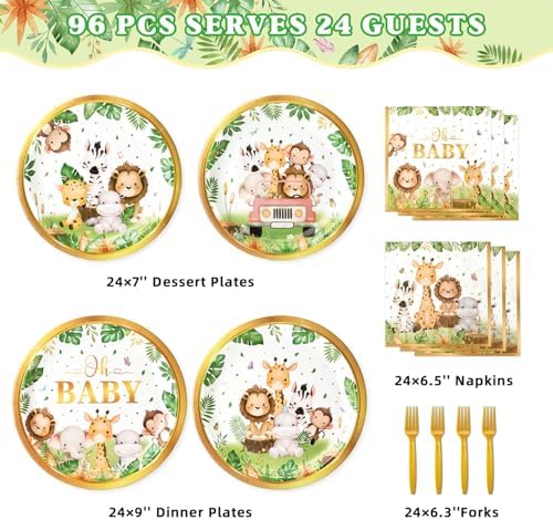 Kinovo 96 Pcs Safari Baby Shower Plates and Napkins Tableware Set (Serves 24), Plates Napkins and Forks Sets, Party Supplies, Jungle Safari Baby Shower Decorations - Image 3