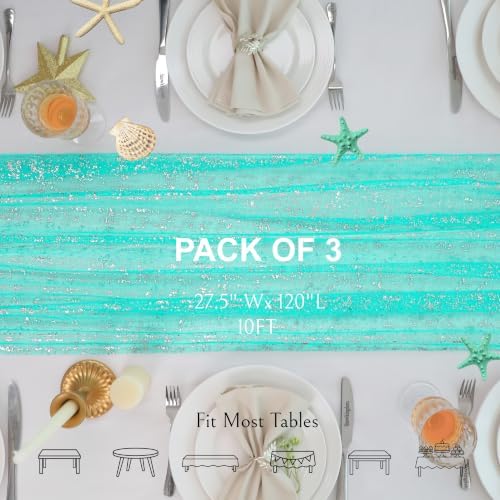 3Pcs Aqua Silver Table Runner 10Ft Metallic Foil Shimmer Sheer Gauze Decor - Image 2
