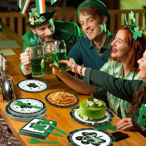 96 Pieces St. Patrick’s Day Tableware Set – Green and Black Plaid Shamrock Disposable Plates, Napkins, and Forks for Irish Party, Lucky Clover Celebration St. Paddy’s Day Dinner – Serves 24 Guests - Image 6
