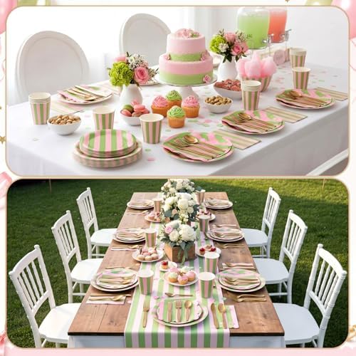 Mimorou 350 Pcs Pink and Green Striped Party Tableware for 50 - Image 6