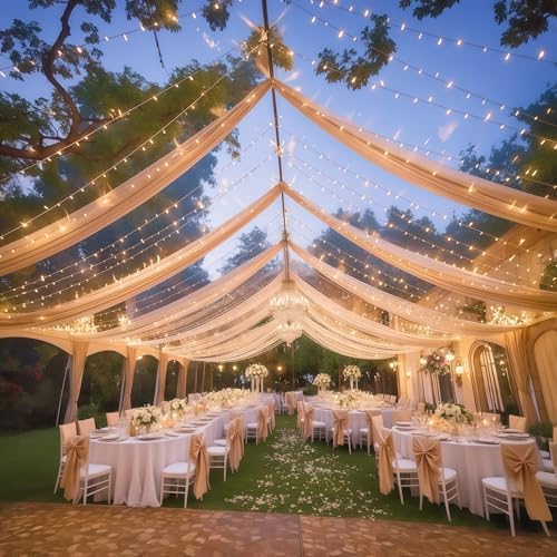 6 Panels Deep Champagne Ceiling Curtains with Lights for Weddings - 5ftx10ft Wrinkle-Free Tulle Fabric Wedding Arch Draping Ceiling Drapes Decorations for Wedding Party Ceremony Stage Tent Event - Image 7