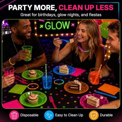 Kedudes Neon Glow Party Supplies, Serves 32 - Hard Plastic Disposable Party Neon Plates, Napkins, Neon Cups Tumblers, Cutlery - Forks, Knives, Spoons - Neon Party Decorations - Fiesta Party Supplies - Image 6