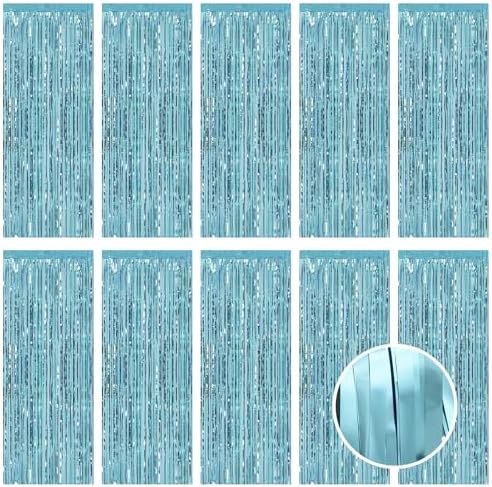10 Pack Blue Foil Curtain Backdrop 3.2ft x 9.8ft Metallic Tinsel Foil Fringe Curtains Streamer Photo Booth Backdrop for Birthday Party Engagement Bachelorette Party Decorations (Light Blue) by Ohiyoo