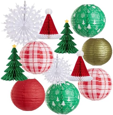 Christmas Hanging Decorations, 12 PCS Paper Lanterns, Honeycomb Christmas Trees, Hanging Paper Fans, Red Green Gold White Holiday Party Supplies for Home Xmas Holiday Party by OBBOLO