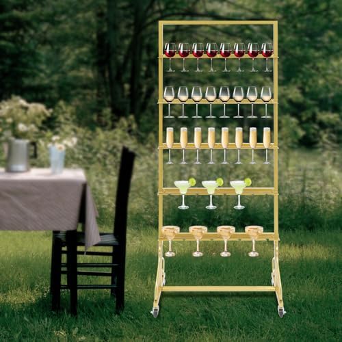 Champagne Tower Stand, 5-Tier Metal Champagne Flutes Display Stand Champagne Wall Holder for Party Champagne Rack Shelf Wine Glass Rack Hold 40 Glasses with Swivel Casters (Gold) - Image 3