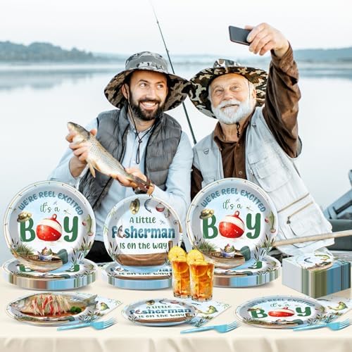 96Pcs A Little Fisherman Is On The Way Plates and Napkins Baby Shower Party Decorations Gone Fishing Dessert Disposable Plates It's A Boy Tableware Set for 24 Guests Baby Boy Birthday Party Supplies - Image 6