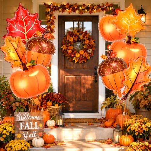 9PCS Fall Balloons, Thanksgiving Pumpkin Maple Leaf Pinecone Foil Set - Image 2