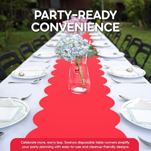 Red Scallop Table Runner, Disposable Plastic, 5 Pack, 14x108in - Image 3