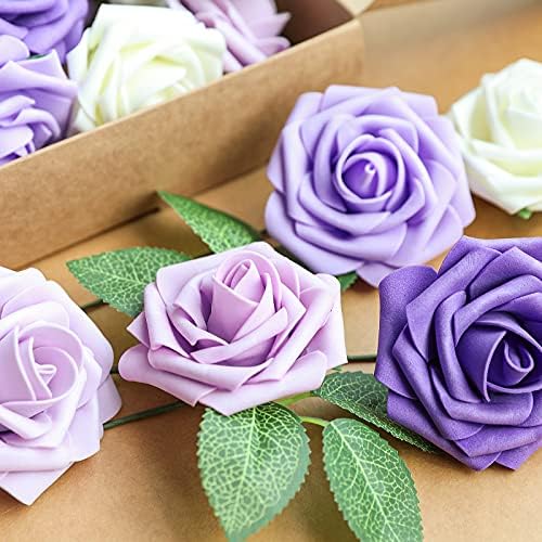 AmyHomie Purple Rose 25pcs Real Looking Artificial Flowers w/Stem - Image 3