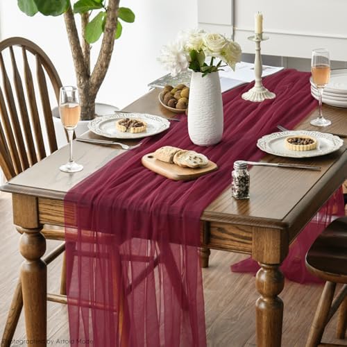 Artoid Mode 6PCS Burgundy Gauze Table Runner 120 Inch 10FT, Seasonal Sheer Kitchen Dining Holiday Wedding Birthday Baby Shower Table Decor for Home Party - Image 5