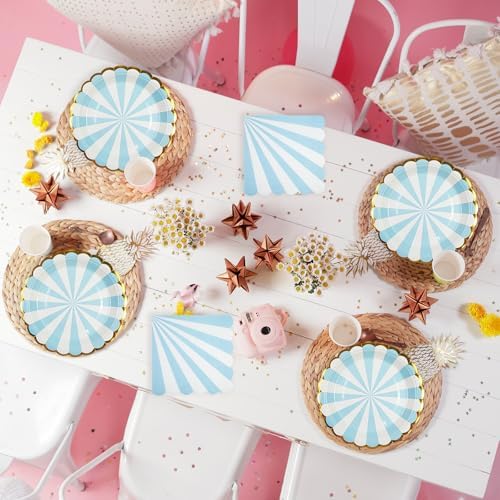 72PCS Blue Paper Plates and Napkins Party Supplies, Gold Foil Edge Scalloped Striped Paper Plates Napkins Disposable Tableware Set for Birthday Wedding Baby Shower Party Decoration (Blue) - Image 5