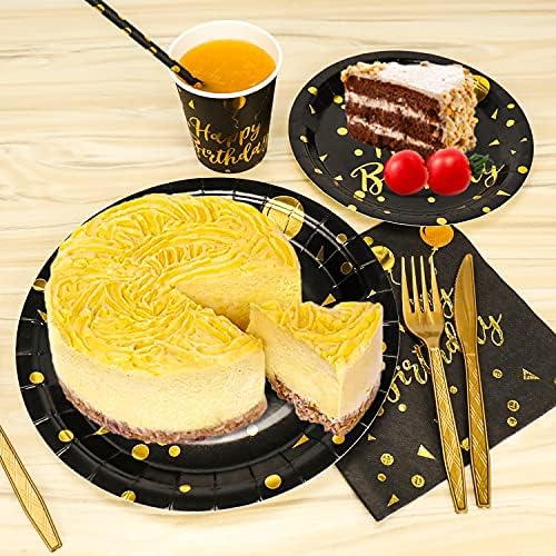 Disposable Party Dinnerware Set &Disposable Birthday Party Dinnerware Paper Plates Napkins Cups, Gold Plastic Forks Knives Spoons (Black/Gold) - Image 3