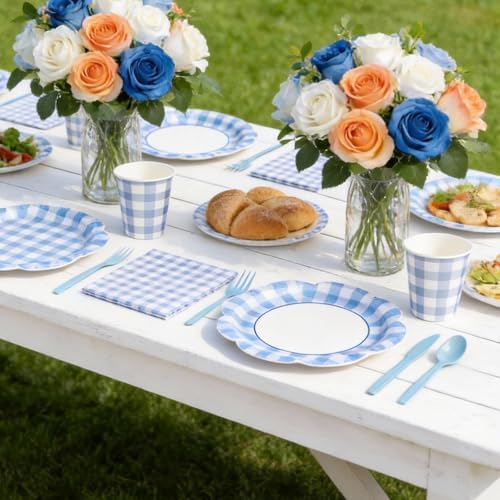 168Pcs Blue Gingham Scalloped Paper Plates and Napkins Set for 24 Guests - Image 7